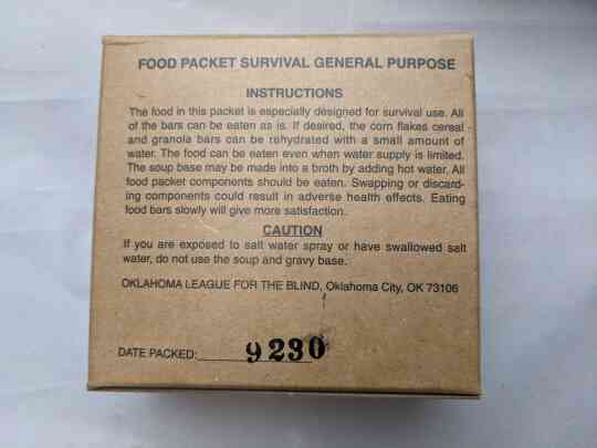 item thumbnail for Food Packet, Survival, General Purpose (FPSGP) - 2009 (x15)